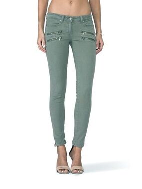 PAIGE Sage Green Skinny Jeans with Front Zip Details